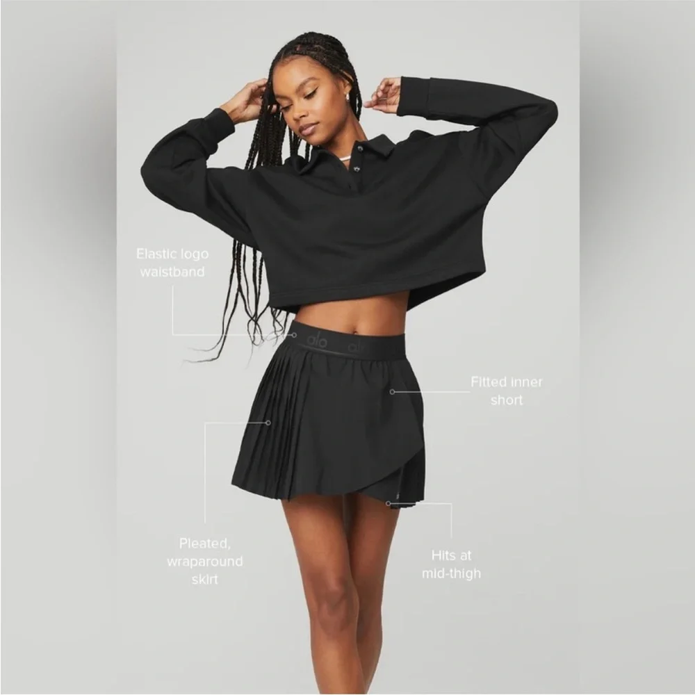 Alo Yoga Aces Tennis Pleated Skirt with inner Short in Black, Size XXS, NWT